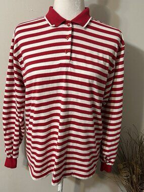 Vtg Cabin Creek Women Polo Shirt Striped Red White Long Sleeve Cotton Blend Sz M